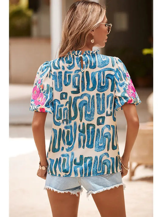 Embroidered Puff Sleeve Frilled Neck Printed Top