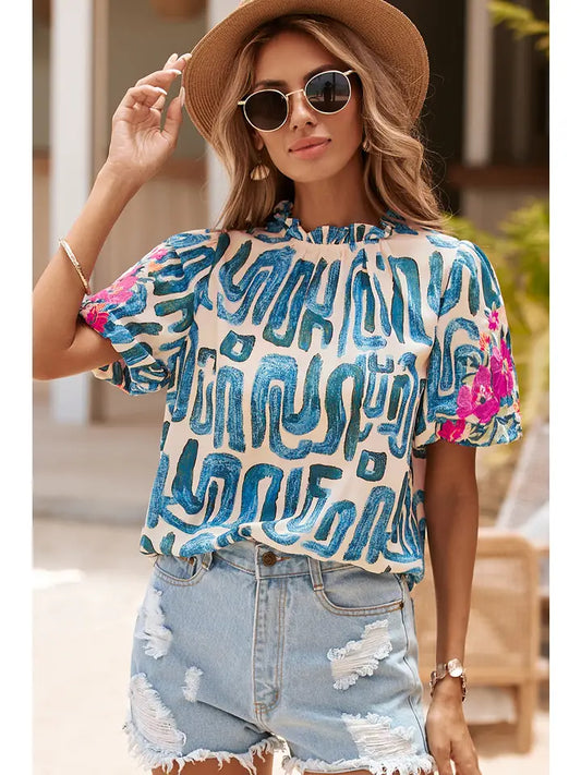 Embroidered Puff Sleeve Frilled Neck Printed Top